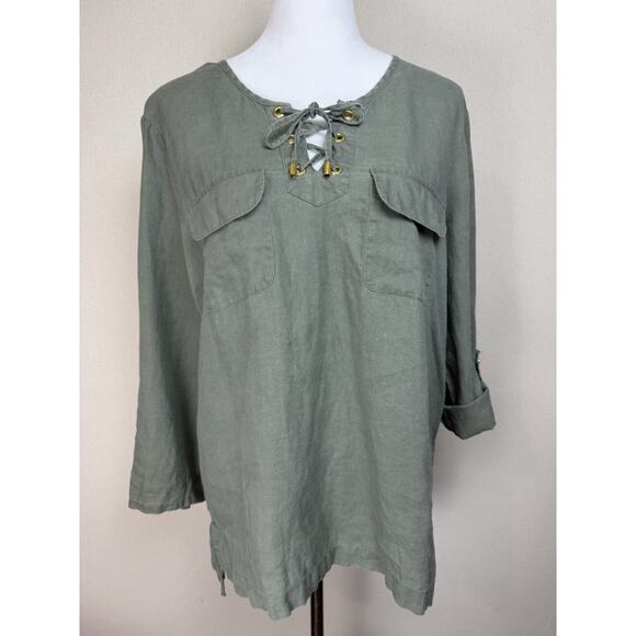 Company Ellen Tracy Green Tunic Lace Up Sz L Casual Classic Work Office - Picture 1 of 5